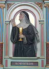 Peter Paul Metz: Mechthild von Magdeburg, Fantasieporträt am Chorgestühl der Pfarrkirche Merazhofen (Leutkirch im Allgäu), 1896