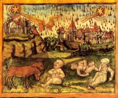 This Medieval painting depicts unsupervised children crying in a field. Note the red rain falling in the background over the city.