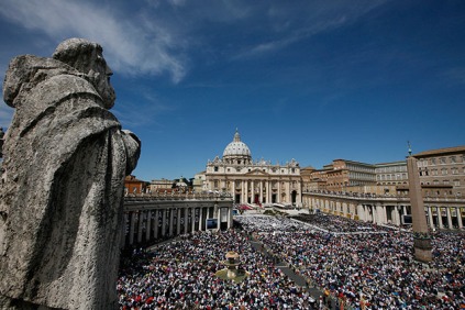 People pack St. Peter's Square at the Vatican for the beatification Mass of Pope John Paul II May 1. Police said that more than 1 million people were gathered in and around the Vatican for the ceremony. (CNS photo/Paul Haring) (May 1, 2011) 