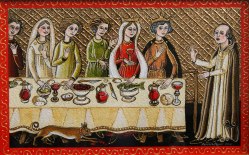 Here a group of medieval women are addressed by a monk before a table of food.