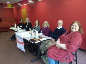 From l. to r. Candace Robb, Lucy Pick, Grace Tiffany, me, Mel Starr, and Sharan Newman. Photo by Todd Toussaint at Kazoo Books.