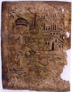 "Saint George and the dragon. From the 15th century Icelandic manuscript AM 673a III 4to in the care of the Árni Magnússon Institute in Iceland. The Icelandic Book of Drawings was a book with models or templates for artists who illuminated manuscripts. It is badly damaged but it is the only book of its kind from Scandinavia to have survived to modern times. Photograph from Wikimedia Commons."