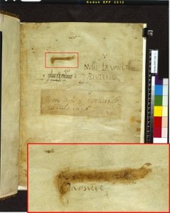 Personal motto and signature of Jacquetta of Luxembourg, British Library MS Harley 4431, f. 1r Copyright British Library Catalogue of Illuminated Manuscripts. From Women's Literary Culture and the Medieval Canon